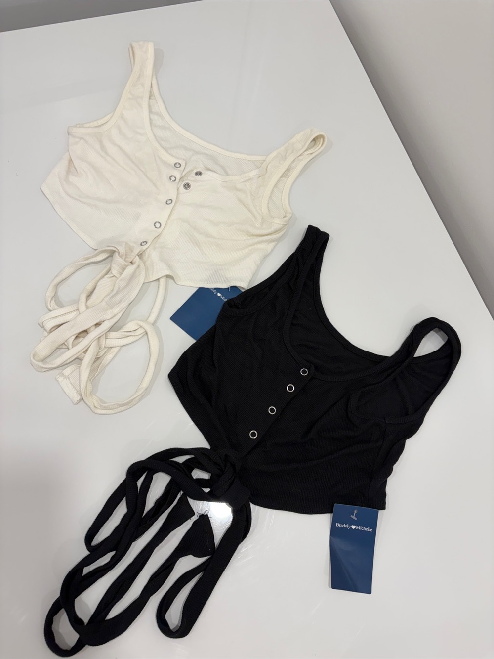 Bradely Michelle Black and Cream Ribbed Tie-Front Crop Tanks